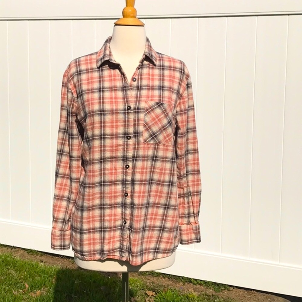Billabong Plaid Button Down Flannel Shirt in Brown Peach and Cream Size Small
